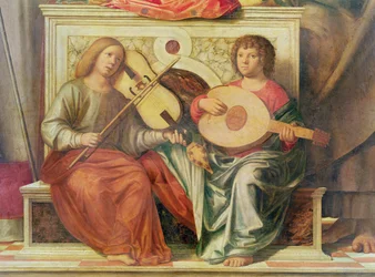 Detail von Engelmusikern aus einem Gemälde der Jungfrau und Heiligen